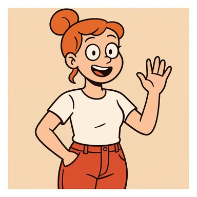 Girl dark orange hair bond hairstyle women's white t shirts pockets red trousers a hand hello  sticker