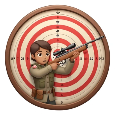 A precision shooter aiming with a rifle at a target, showcasing steady hands and concentration. The target is clearly visible, with concentric rings, symbolizing accuracy and control in a professional shooting range setting. sticker