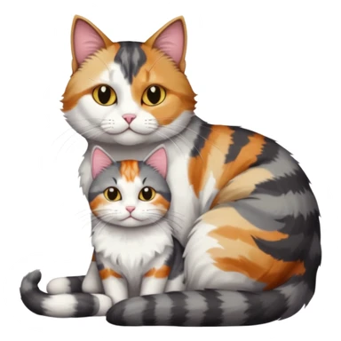 full body colourful light patched calico + white tabby cat cuddling a large dark grey and white tabby cat  sticker