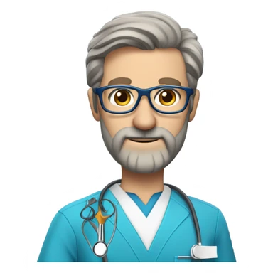 male dark blond haired doctor with grey van dyke beard with hazel eyes and small wire-rimmed glasses in blue scrubs holding a large paintbrush and jigsaw sticker