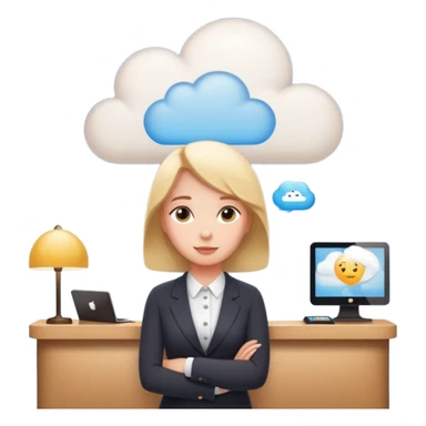 A thinking person with a thought cloud showing a modern hotel reception — front desk, receptionist, suitcases, cozy lighting. Cute emoji style, soft and clean.
 sticker