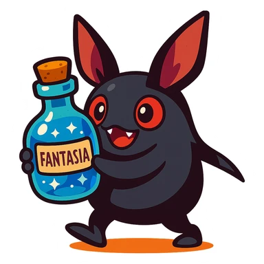 Final Fantasy spriggan holding a bottle of Fantasia, colorful and playful vibrant toon style sticker