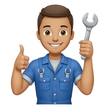 A car mechanic in overalls smiles, holds a wrench in one hand, and shows a thumbs up with the other sticker