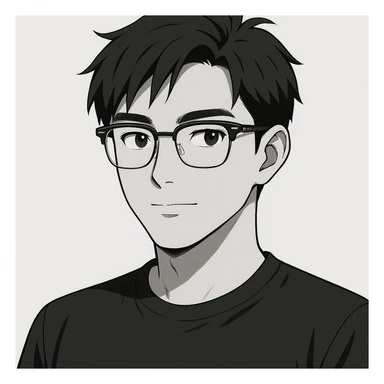 Create a half portrait in black and white anime style of an Asian male age 25, wearing Ray-Ban half frame glasses and a black t-shirt. Maintain the anime aesthetic with clear facial features and the specified accessories. sticker