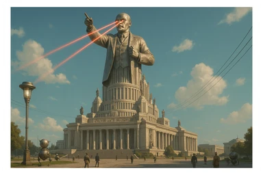 Дворец Советов реалистичный, как на фото. В стиле Atomic Heart, ретрокиберпанк. Упор на 100-метровую фигуру Ленина, у которой из глаз прожекторы лазерные. Светло, день sticker