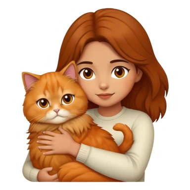olive skin girl with brown hair, hugging an fluffy orange persian cat sticker