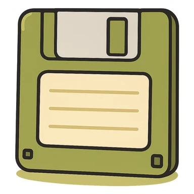 olive green floppy disk with a beige label, simple drawing, clear outlines, graphic shadows and highlights where appropriate, no face sticker