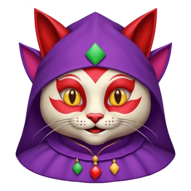 crazy colorful cute little cat jolly joker from poker, medieval, vintage, court jester, mac os icon, purple and red color, half body. The cat is represented as Code inside a retro computer terminal sticker