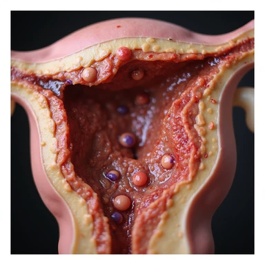 realistic cross section of uterus with reddened, swollen, visibly inflamed endometrium, presence of immune cells, white background sticker