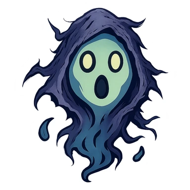 Refine the torn and ruffled hood details, making the edges more jagged and intricate, with extra emphasis on the tattered, ethereal look. Keep the surprised expression and the interplay of light and shadow forming the face, with no background. sticker