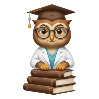 Wise owl with glasses, wearing a lab coat, perched on a stack of books. sticker