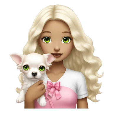 pale blond yt girl with wavy long platinum white hair with bright green eyes holding a white chihuahua puppy that wearing a pink bow sticker