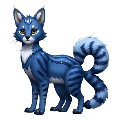 Cute kawaii cool edgy badass  glossy midnight-blue fur with silver starlight dusting fantasy-caracal-civet-genet-sergal-vernid-Gryphon-Cacomistle-Trico-oncilla-animal-Fakémon-hybrid-fursona (full body), facial markings, (realism style) sticker