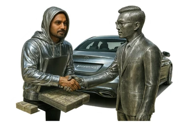 Make only the Indian man's hoodie chrome, keeping his skin and face natural. Add a goatee to the man. Include money on the side and a chrome AMG car in the scene. Keep the background transparent. sticker
