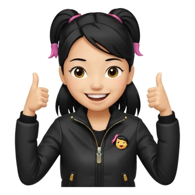 A girl with a pony tail black hair and Asian tan skin, Asian eyes, with a black jacket and a black purse, laughing with arms crossed giving a thumbs up  sticker