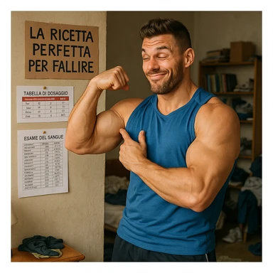 muscular bodybuilder in sportswear with a cocky expression, ignoring a dosage table and a blood test sheet in Italian, touching his bicep and smiling, lighthearted atmosphere, messy room background, sign with text 'La ricetta perfetta per fallire', 4K quality sticker