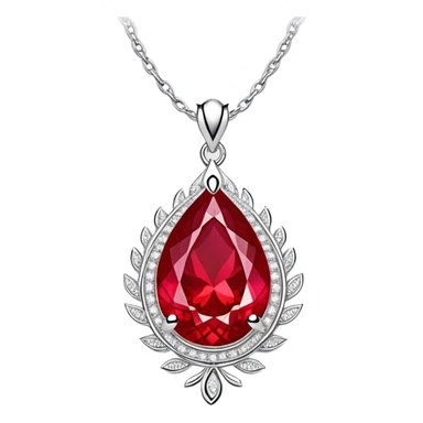 teardrop ruby pendant with fiery light, tiny phoenix feather emerging, haloed by shimmering white stones, silver chain like liquid moonlight sticker