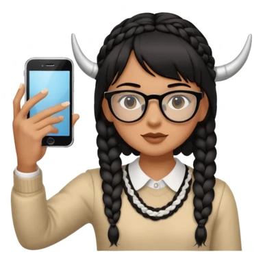 He has braid bangs on one side of his black hair, and he's wearing horn-rimmed glasses and taking a mirror selfie with his iPhone white color sticker