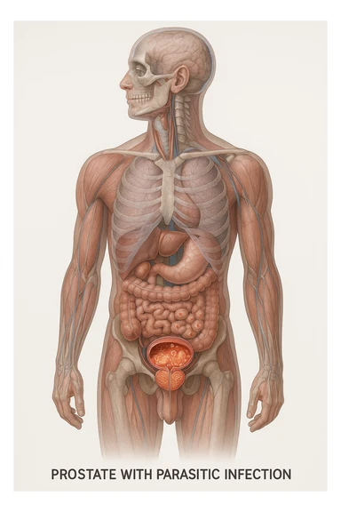 Vertical, hyper-realistic 3D cutaway illustration: the human body is shown in semi-transparent layers, exposing various types of problemi alla prostata a causa dei parassiti sticker