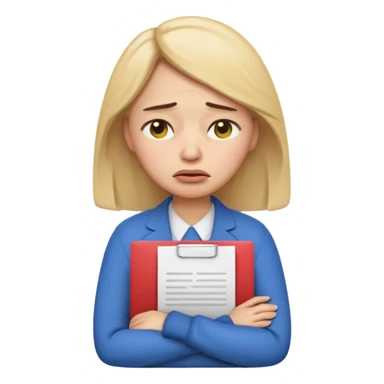  emoji character wearing a interview clothoes. face has a very sad crying, disappointed expression with drooping eyebrows and half-closed eyes. posture is dejected, with slumped shoulders. just rejected from  interview to get a job, holding CV. dont make it old person and make it woman. sticker