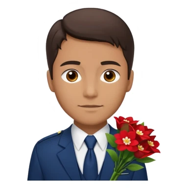 Homme avec bouquet fleurs blanches, avec uniforme bleu foncé cravate rouge, arabe raie sur le coté, brun un peu bronzé et yeux marrons  sticker