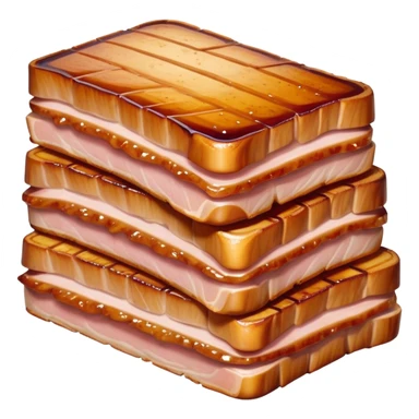 Cinematic tender pork belly, slow-roasted to perfection, crispy caramelized edges, glistening with juices, sliced into thick, rich layers, warm golden tones, luxurious and indulgent. sticker