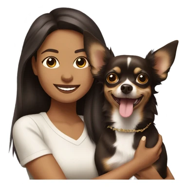 light skin woman with long dark brown hair expressing joy alongside a chihuahua sticker