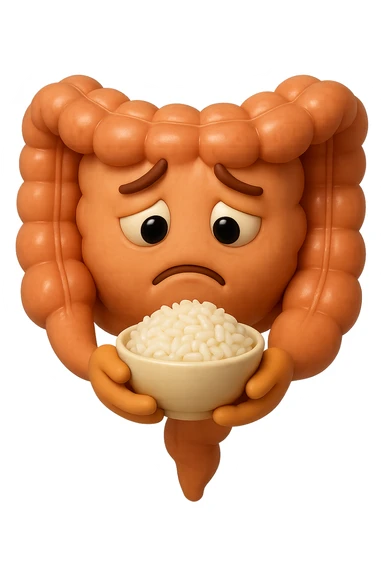 emoji stile iphone 3d di un intestino che guarda una bowl di riso che ha in mano con espressione triste, iperealistico 4k sticker