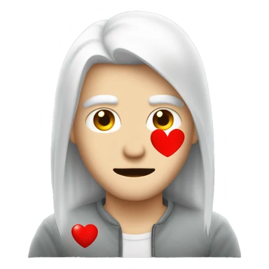 white hair medium long, young male, aggressive sharp face, holding red heart  sticker