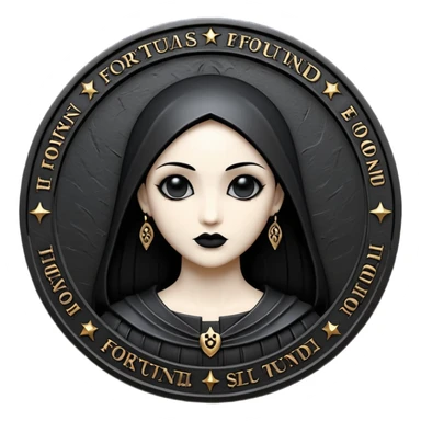 Emoji style, luxury gothic coin made of blackened metal, “FORTUNA” engraved in refined fashion typography, heavy sculptural form, subtle worn metal texture, avant-garde editorial aesthetic, no glow, no neon, flat emoji design, centered, transparent background sticker