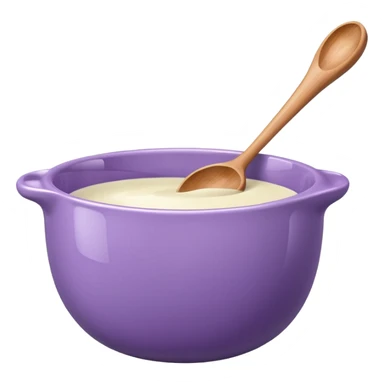 a lilac ceramic mixing bowl with a wooden spoon stirring sticker