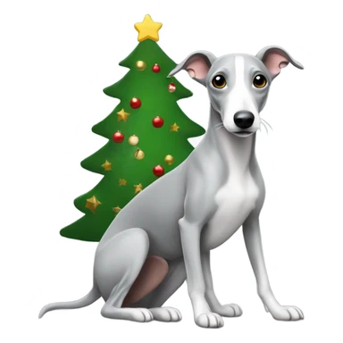 Christmas tree with a grey whippet sat by it sticker