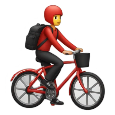 Garçon en tenue rouge sur un vélo noir vélo avec un sac tout rouge cubique, sticker