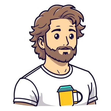 light skin man with a faded beard, wavy hair, and a mullet, wearing a t-shirt and AirPods, cartoonish sticker style sticker
