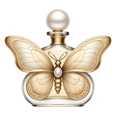 A delicate butterfly with wings in soft beige and pearl hues, resting gently on a vintage perfume bottle.
 sticker
