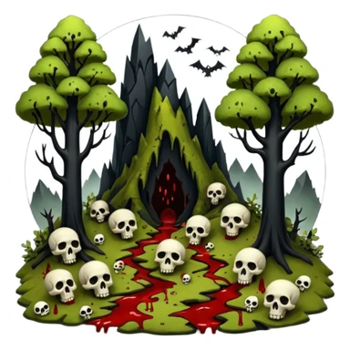 Creepy Alaskan sasquach woods make the trees smaller and covered in moss with skulls coming out of the ground and blood dripping mountains in the back ground  sticker