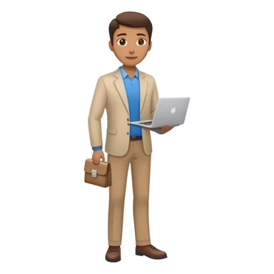 business owner standing confidently, holding a closed laptop in one hand and a takeaway coffee cup in the other. The character wears casual-smart clothes. sticker