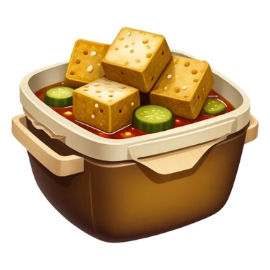 Stinky Tofu with sauce and pickles, simplified emoji style with bold outlines and bright colors, cartoon style dark fermented Chinese street food with steam sticker