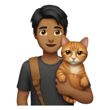 brown boy with shoulder length black hair holding a ginger cat sticker