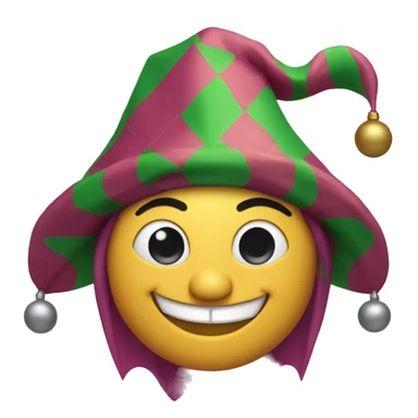 Minimalist emoji of a jester: round face, cheerful, wearing a classic three-point jester hat with bells sticker