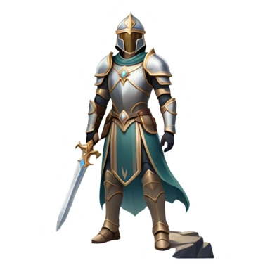 An icon featuring a hero with a closed visor, standing in a majestic, mystical landscape, inspired by RPGs like Elden Ring. The design includes a stunning, ethereal background with towering castles and distant mountains, symbolizing the adventure and mystery. Transparent background sticker