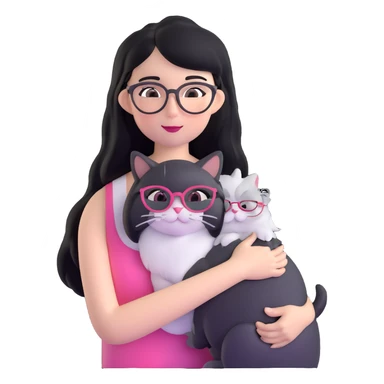 Skinny woman with oval glasses, long straight black hair, pink cheek blush, wearing white sleeveless top, hugging a grey Persian-Angora cat, plain background sticker