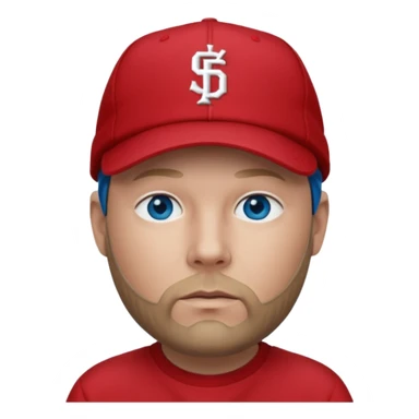 Fred Durst with dark blonde hair, blue eyes, red outfit and cap sticker