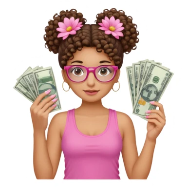 Uma menina com o cabelo cacheado com um Coque com baby hair, morena, e com uma regata rosa com um gloss na frente da regata ,com unha em gel,e com dinheiro na mão ,e com flores na outra mão,  com óculos  sticker