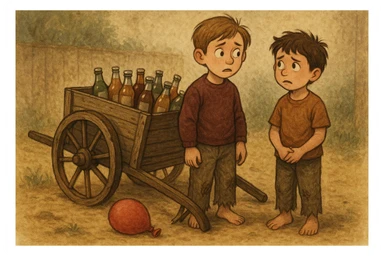 g'ildiragi singan ichimliklar ortilgan arava bir baloni singan uni yonida aka uka havotirli nigoh bilan bir biriga qarab turishibdi sticker