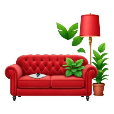 front view of a red velvet couch with a mic in front and small houseplants in the background sticker
