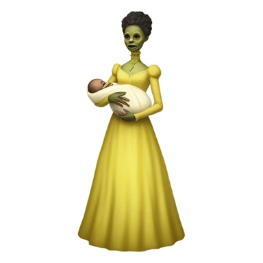  Reptilian alien woman, full body, in victorian jellow elegant dress, holds a newborn white humman baby sticker