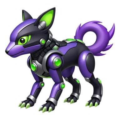 Futuristic modern cyborg badass cool shiny metallic alloy black-obsidian purple neon-green white lime animal hybrid Fakemon full body sticker