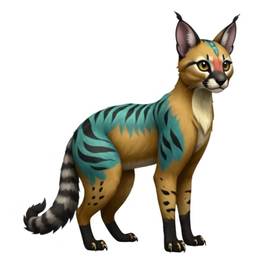 Colorful dark black gloomy spooky pointy foggy smoky points-marked tribal patterned glorious colorful hyper-realistic exotic cute cool beautiful beautiful fantasy-caracal-civet-genet-sergal-vernid-Gryphon-Cacomistle-Trico-oncilla-animal-Fakémon-hybrid-fursona (full body) sticker