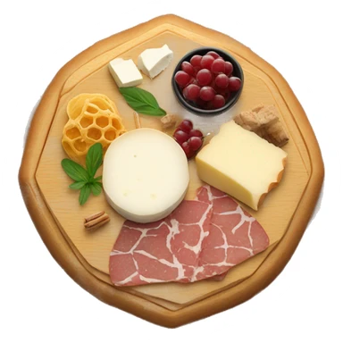 Charcuterie board with brie cheese wheel and honeycomb sticker